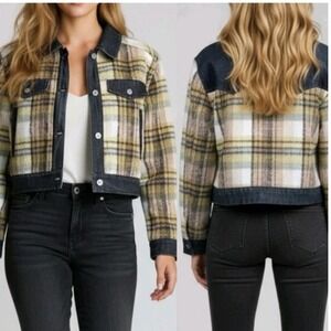 7 For All Mankind Mixed Media Plaid Trucker Jacket Multicolor Gray Women S